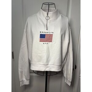 H&M Divided Juniors Brooklyn NYC American Flag Quarter Zip Cropped Sweatshirt